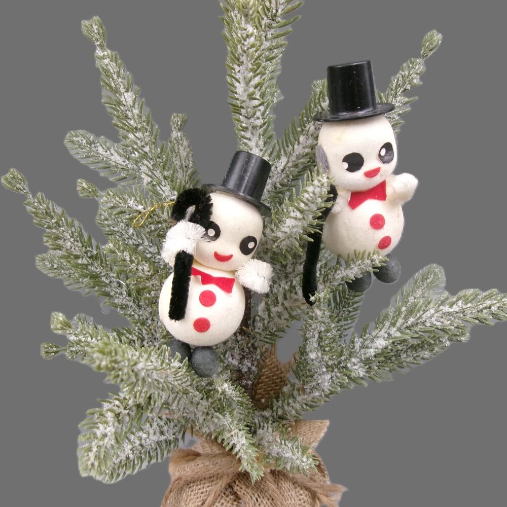 2 Flocked Felt Snowman Ornaments, Pipe Cleaner Arms, Vintage Christmas Japan
